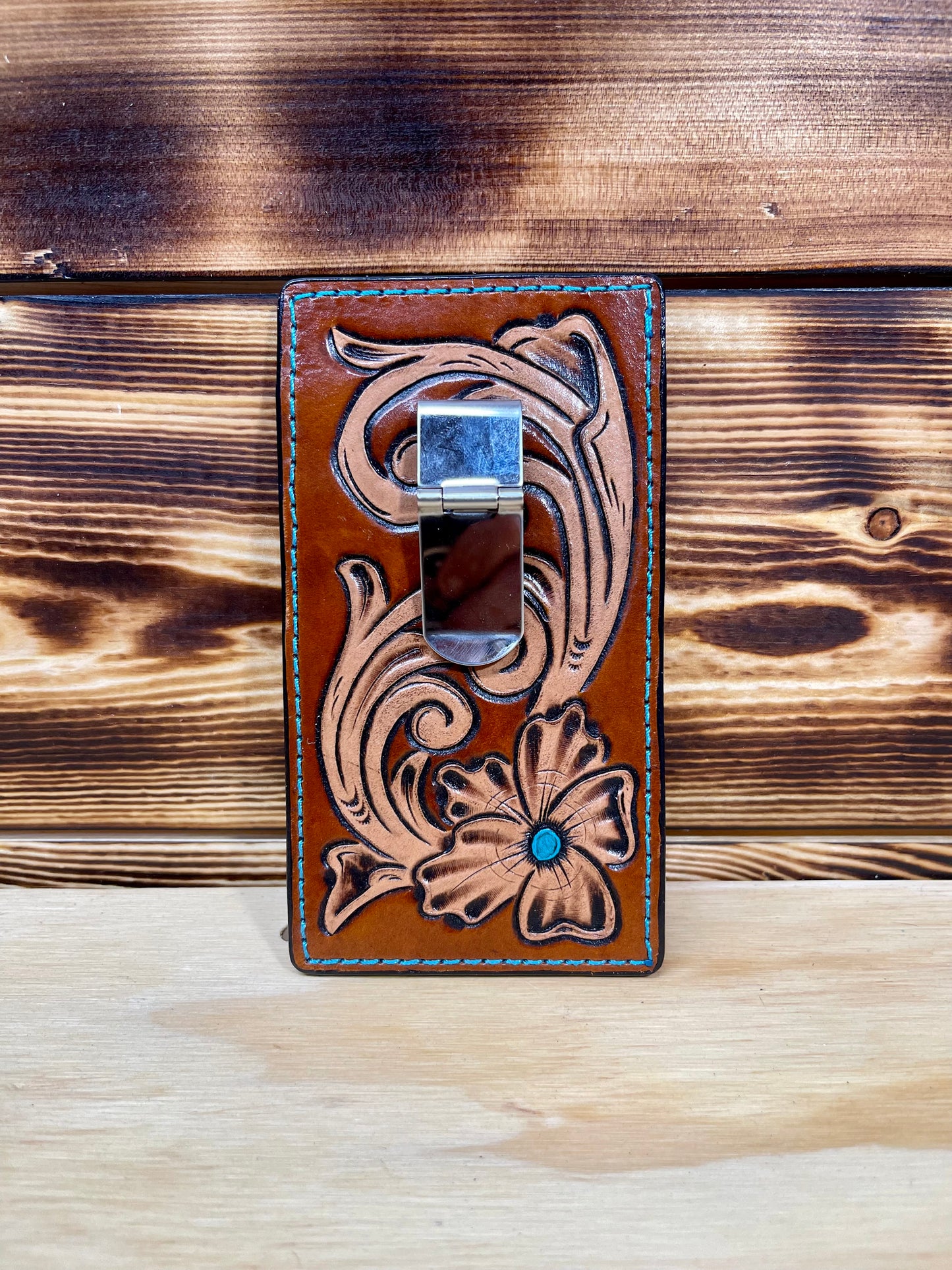 Floral Tooled Front Pocket Money Clip Wallet